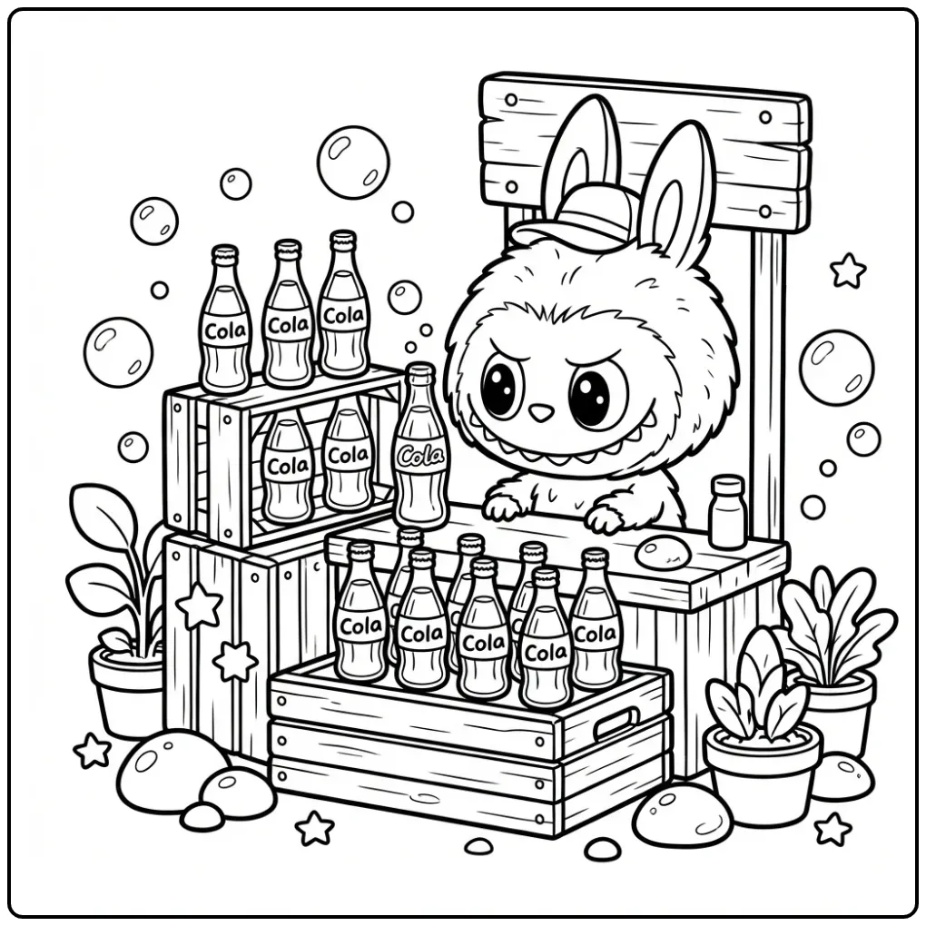Labubu Cola with Bubbles and Bottles coloring page