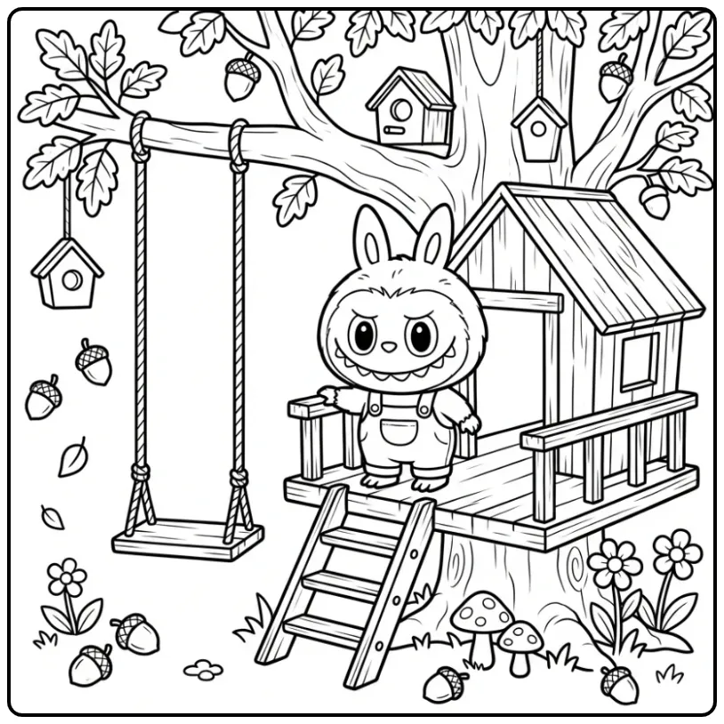 Easy Labubu with a Treehouse coloring page
