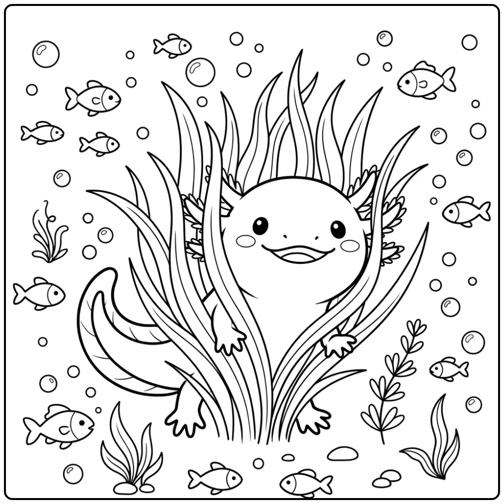 Cute Axolotl with Bubbles coloring page