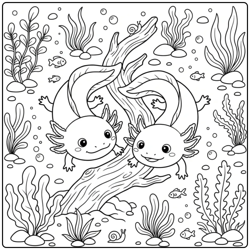 Cute axolotl coloring page with two swimming friends