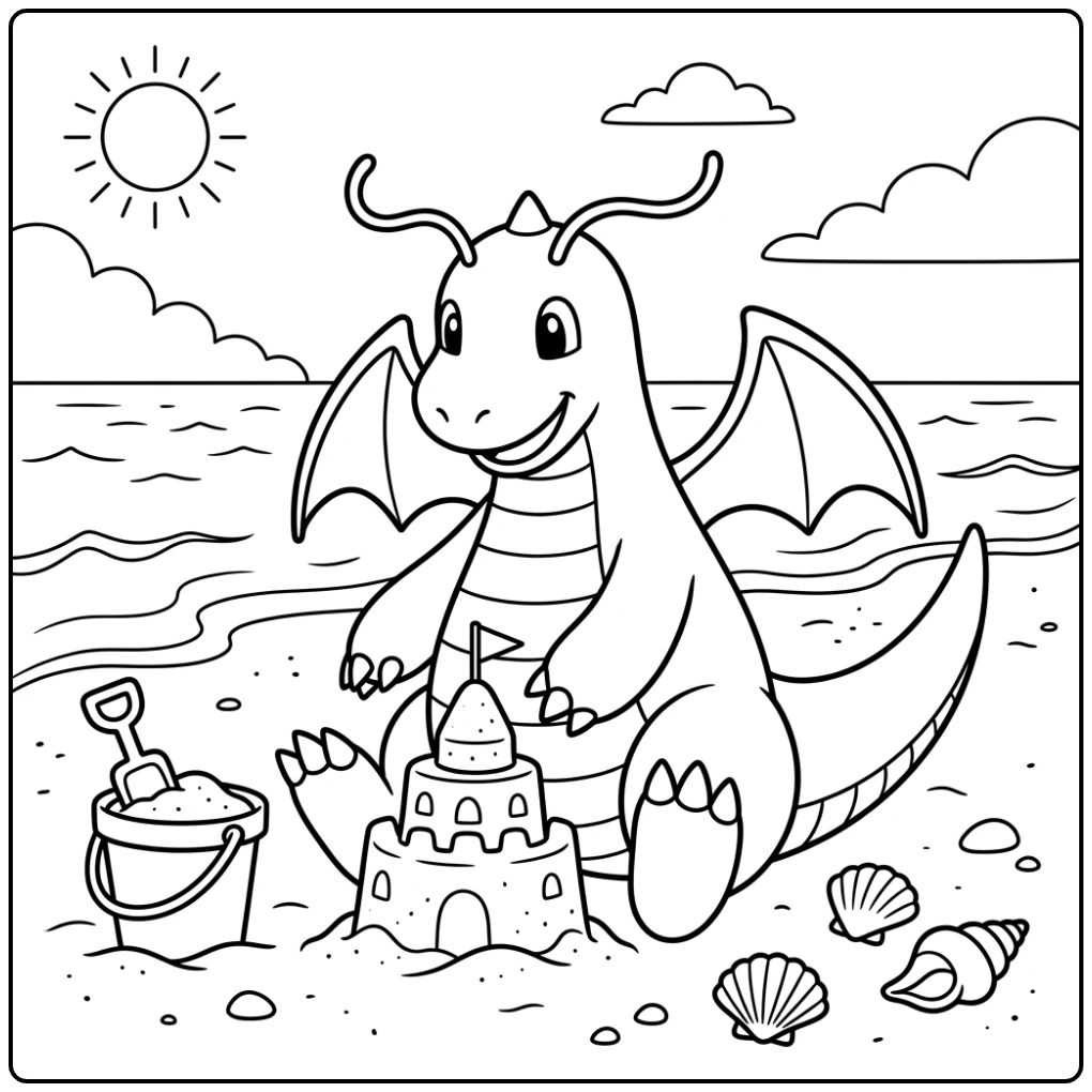Dragonite Adventure on the Beach with Sand Castle coloring page