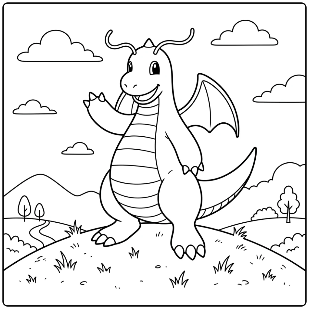 Happy Dragonite Waving from Hilltop coloring page