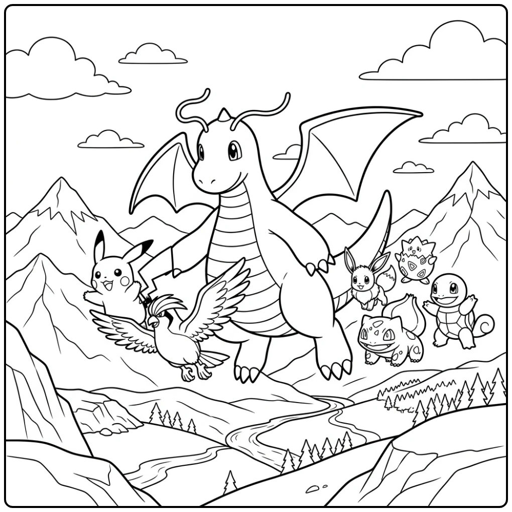 Dragonite Epic Flight Through the Valley with Pikachu coloring page