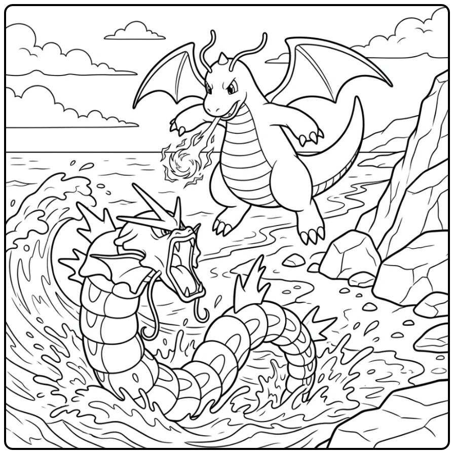 Dragonite Gyarados Battle Epic Confrontation coloring page