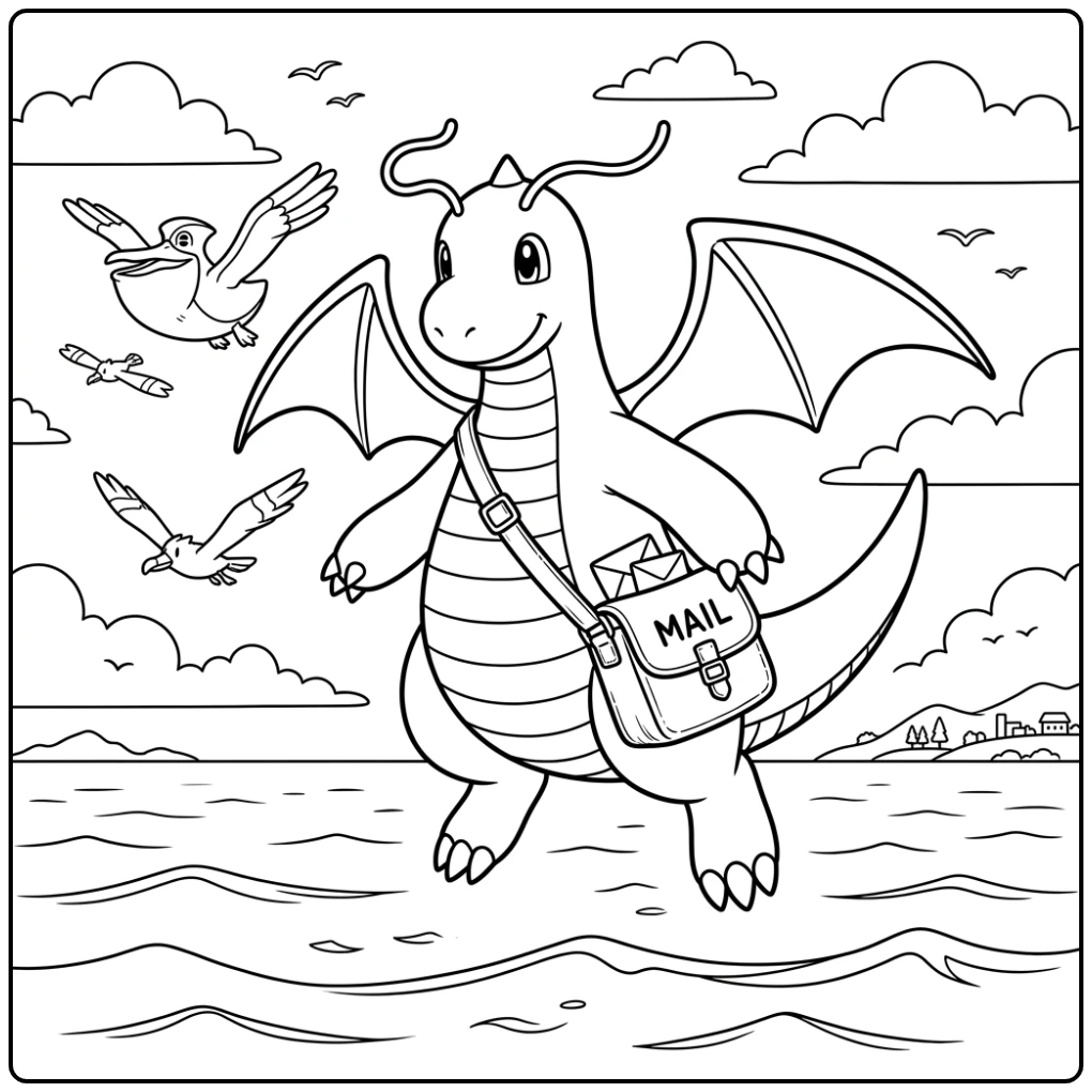 Dragonite Mail Delivery High Above the Ocean coloring page