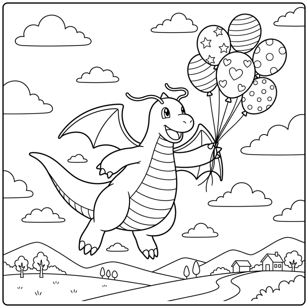 Dragonite Flying Adventure with Balloons in the Sky coloring page