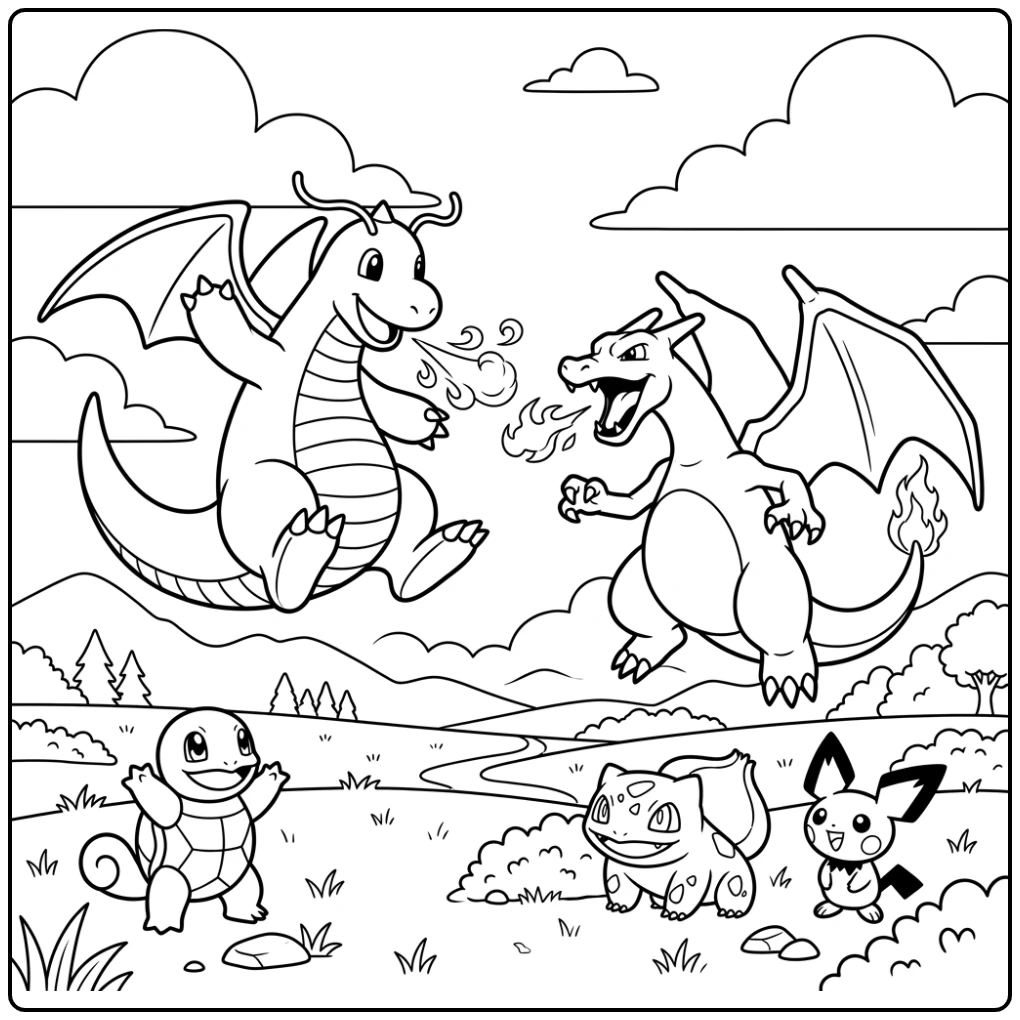 Dragonite Friendly Battle with Charizard in the Sky coloring page
