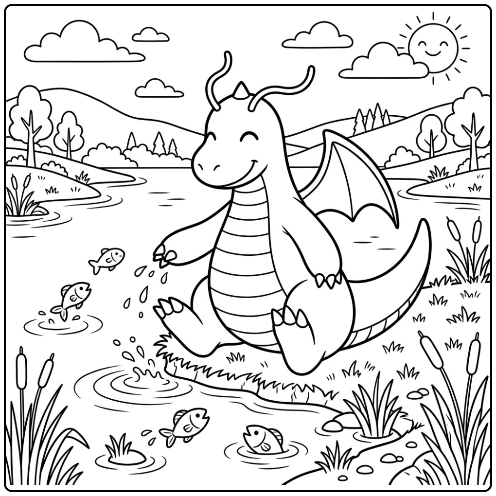 Dragonite Cheerful Playing at Quiet Shore of the Lake coloring page