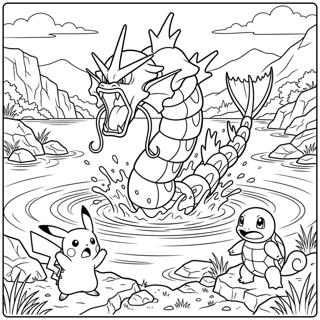 Dramatic Emerging Gyarados Surprised Pikachu coloring page
