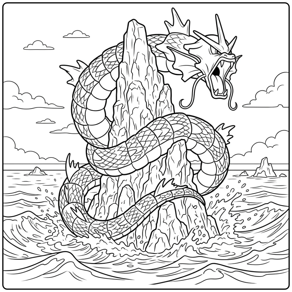 Dramatic Gyarados with Rock in Sea coloring page