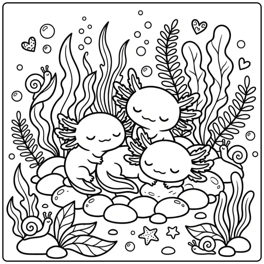 Three Cute Axolotl Friends coloring page