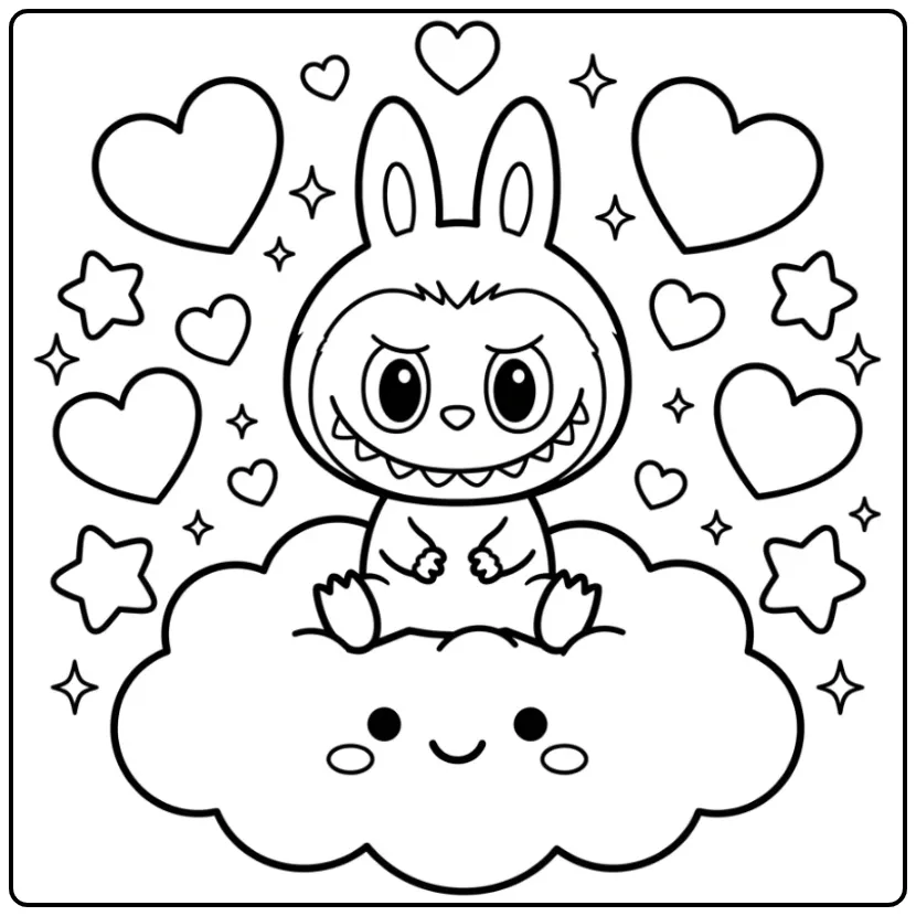 Dreamy Kawaii Labubu Stars and Hearts coloring page