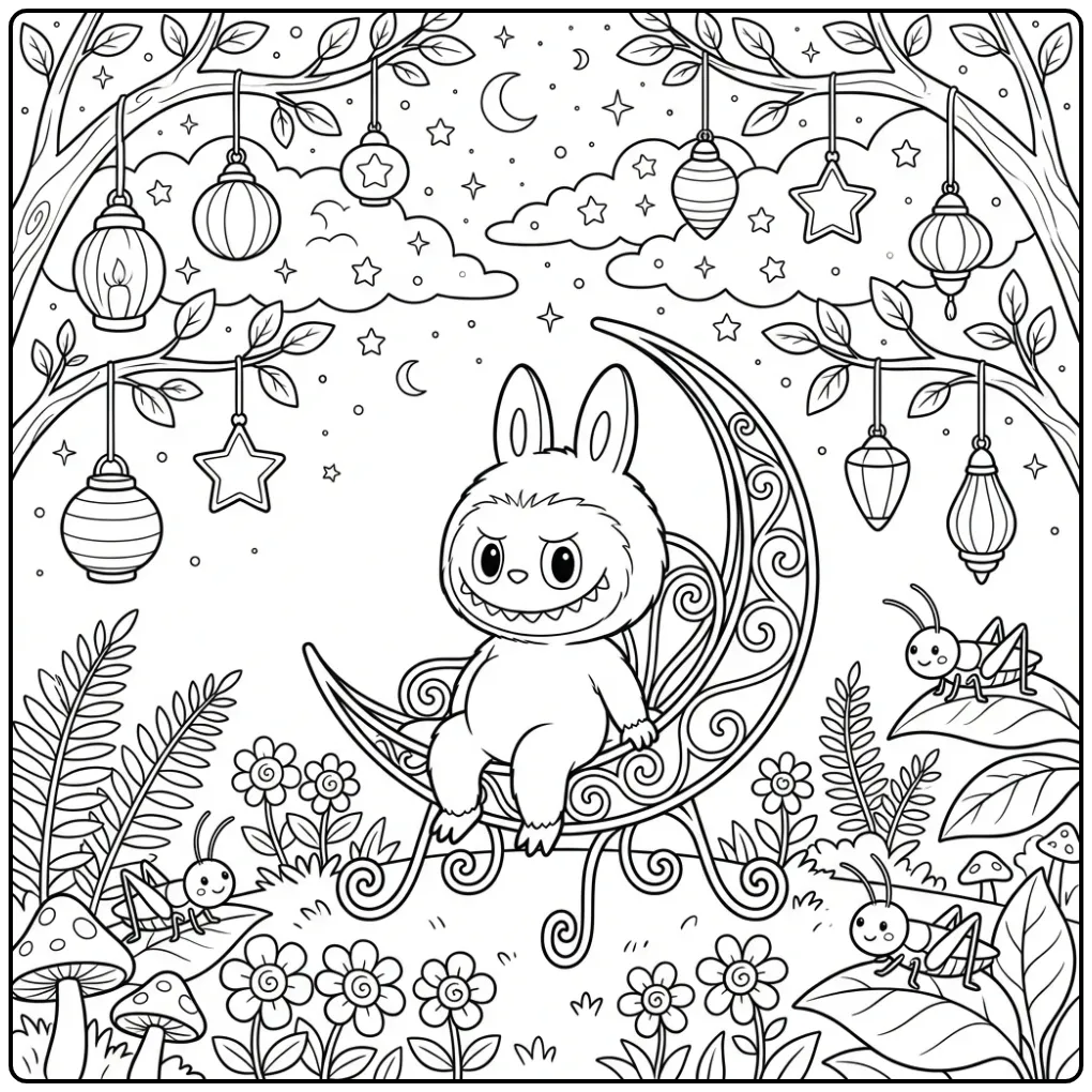 Dreamy Labubu Have a Seat in the Garden coloring page