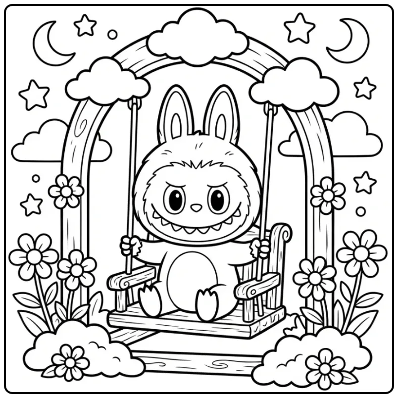Dreamy Labubu Pop with Flowers and Clouds coloring page