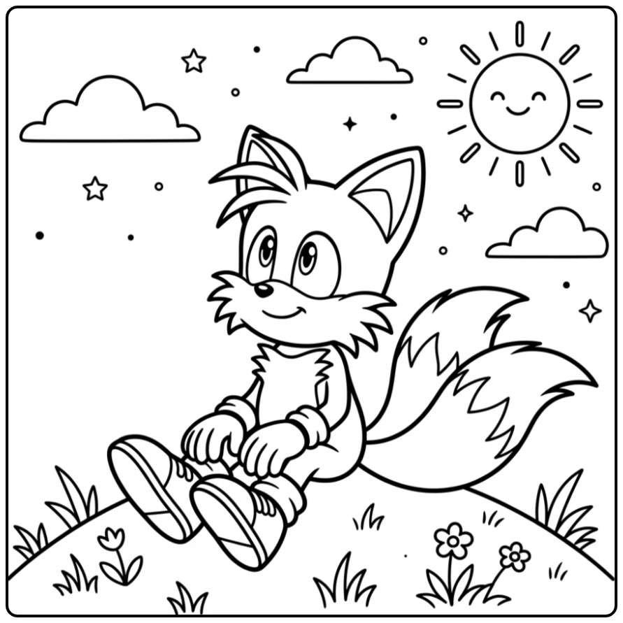 Dreamy Tails Little Fox Looking Toward the Sky Full of Sun coloring page