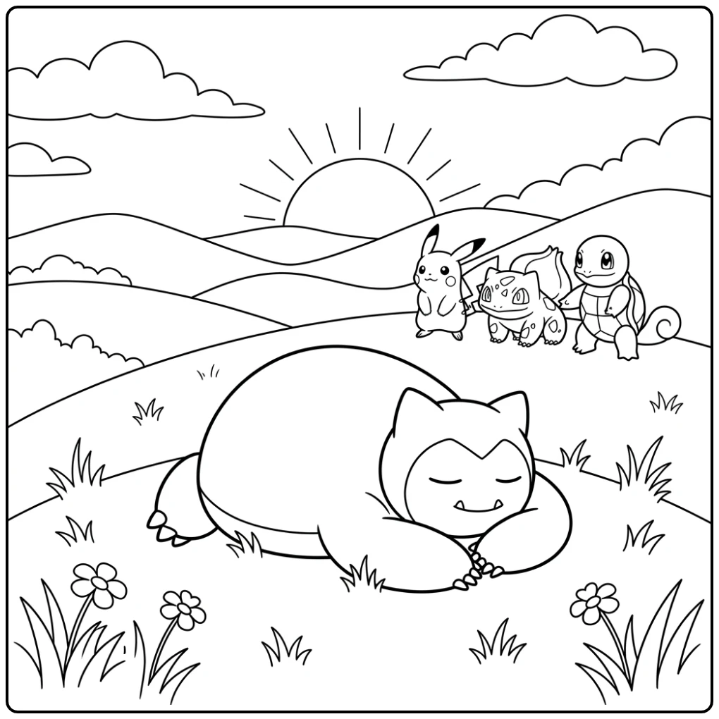 Dreamy Sleeping Snorlax on a Hill coloring page
