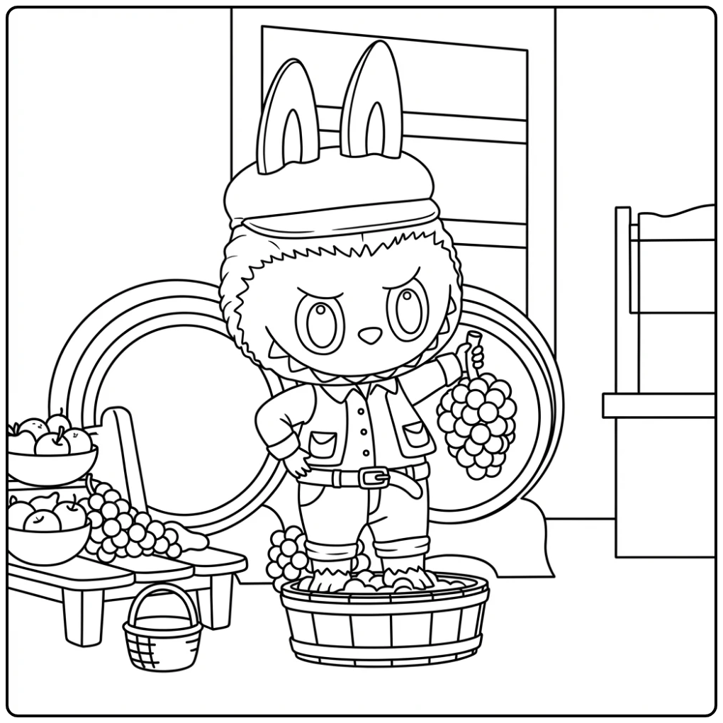 Grape Labubu Harvest Adventure coloring page