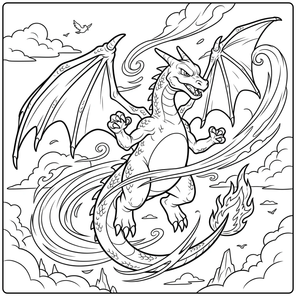 Dynamic Charizard in Flight with Confident Pose coloring page