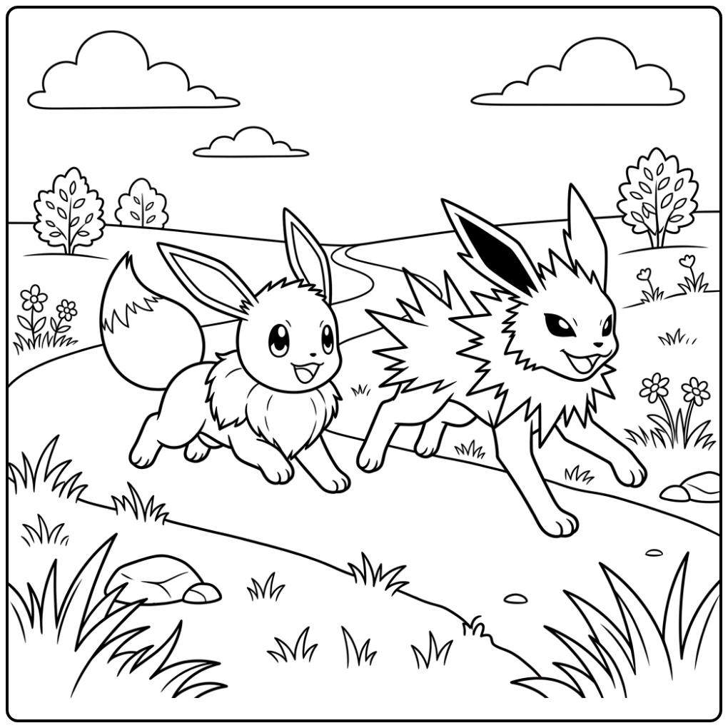 Dynamic Eevee and Jolteon Racing Together coloring page