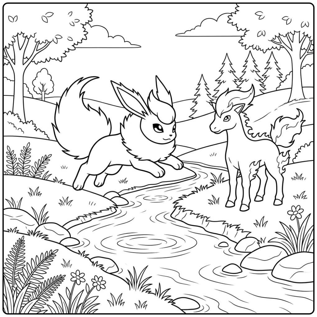 Dynamic Flareon and Ponyta with the Stream coloring page