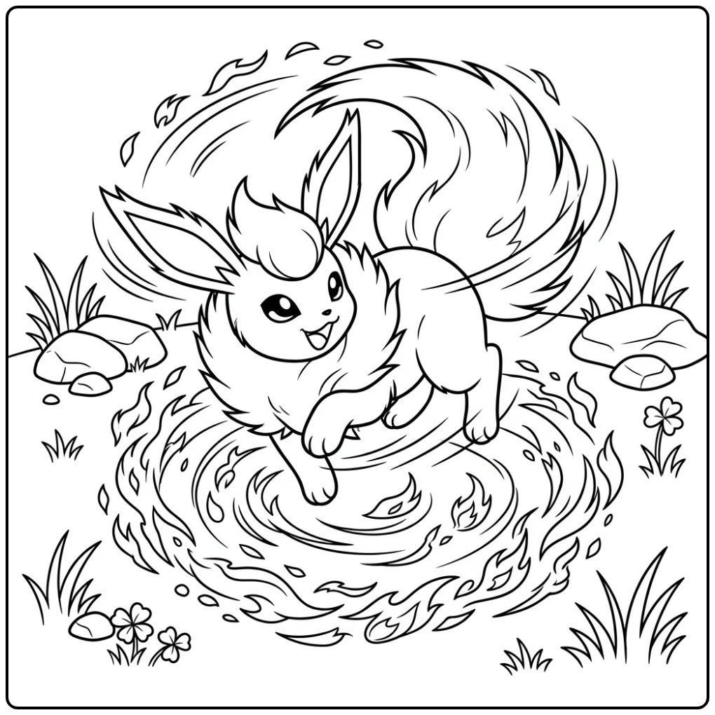 Dynamic Cheerful Turning Flareon with Flames coloring page