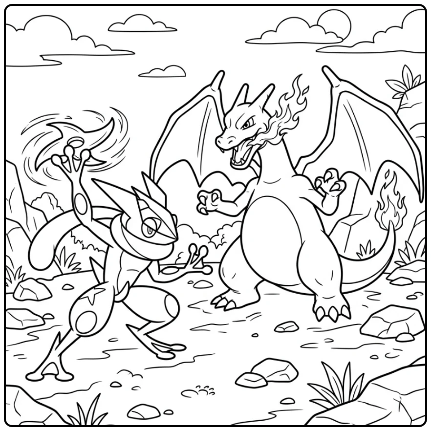 Dynamic Greninja Epic Confrontation with Charizard coloring page
