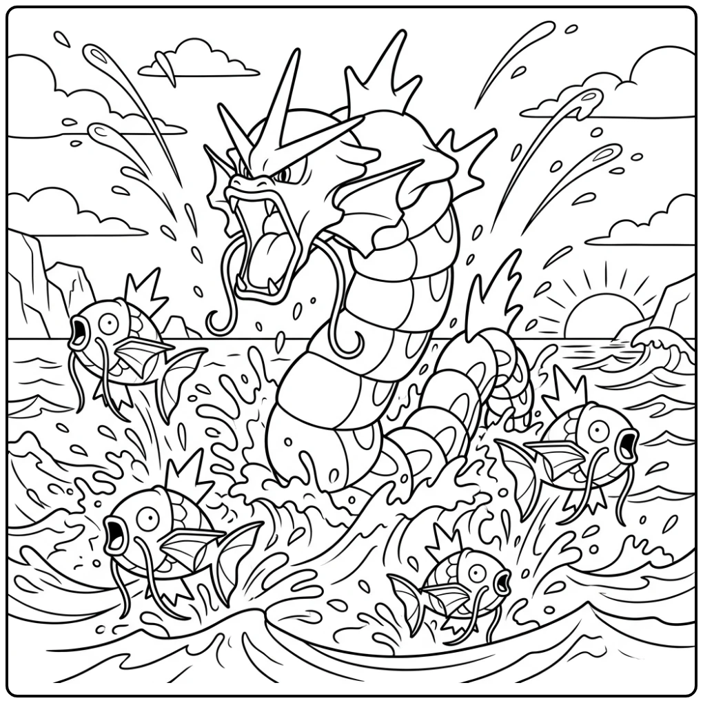 Dynamic Powerful Gyarados and Magikarp coloring page