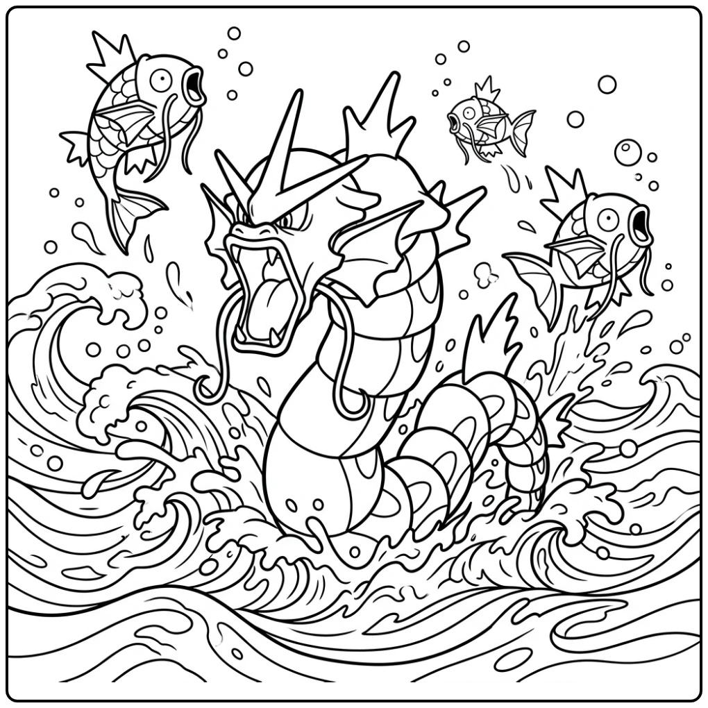 Dynamic Gyarados Playful Magikarp coloring page