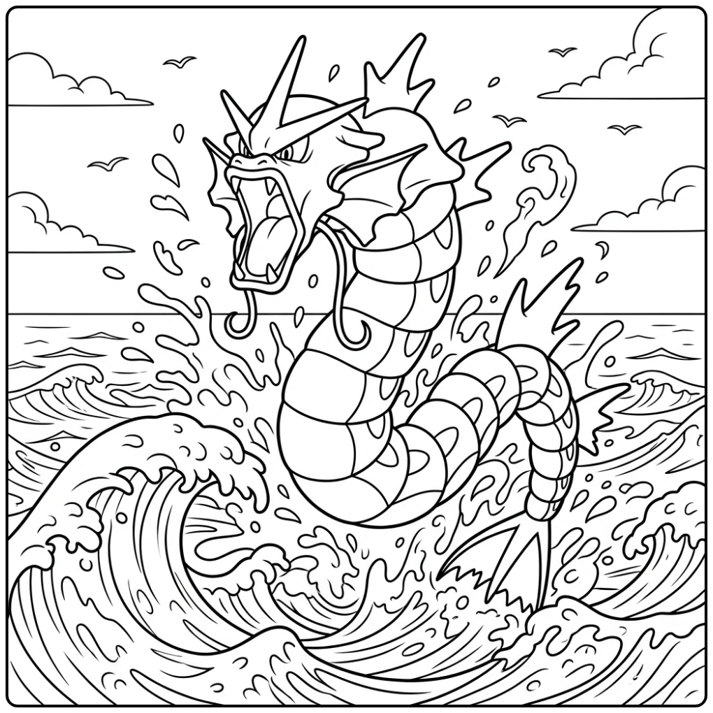 Dynamic Gyarados as a Roaring Water Dragon coloring page