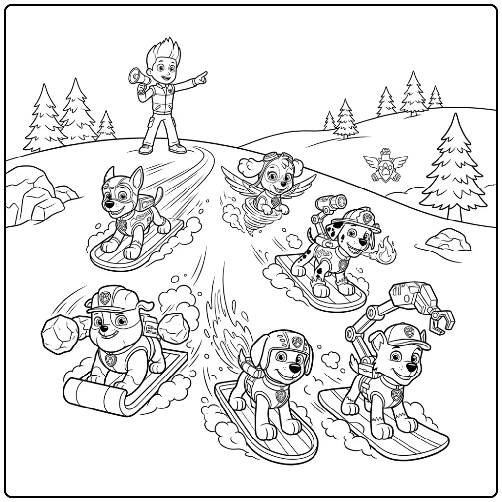 Dynamic Paw Patrol Mega Pups Action with Ryder and Team coloring page