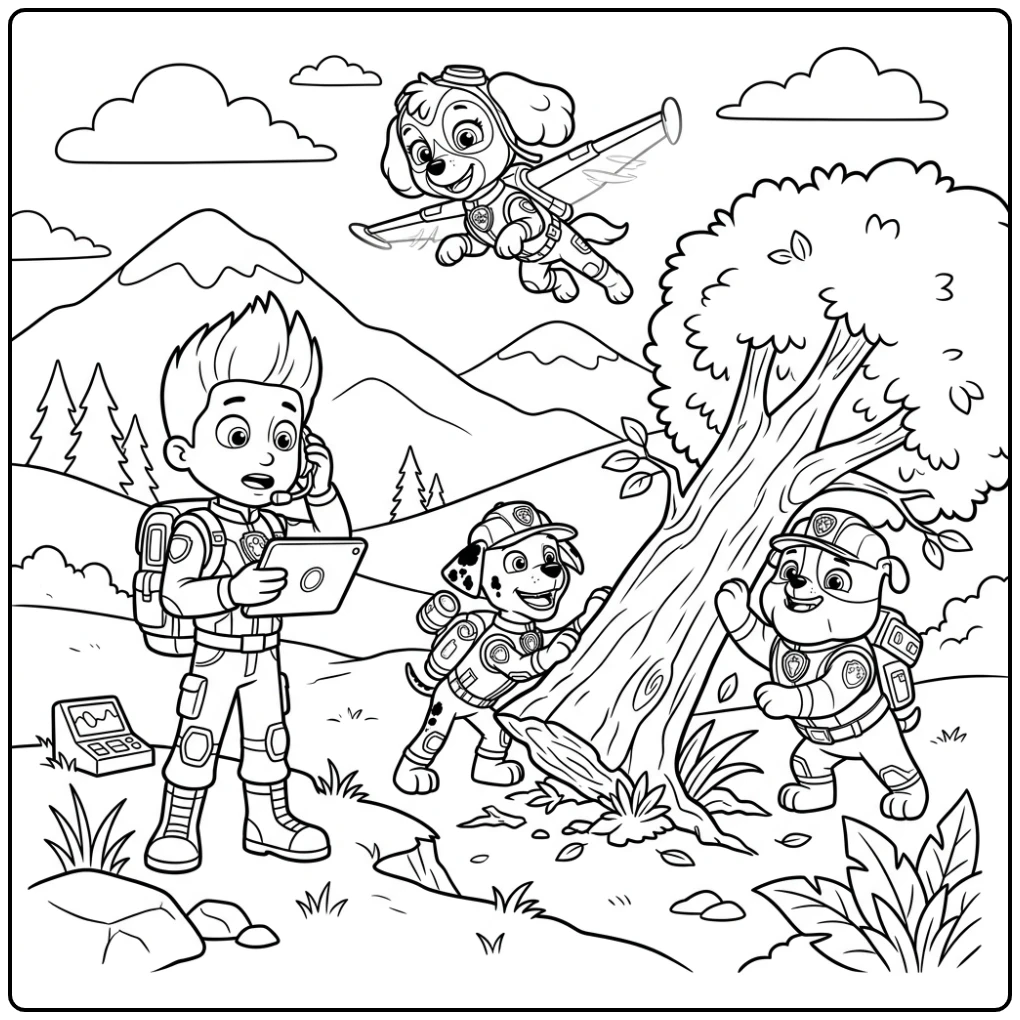 Dynamic Paw Patrol Mega Pups Team in Rescue Action coloring page