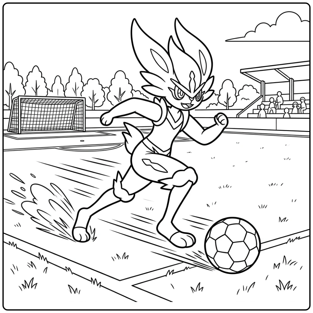 Dynamic Pokemon Cinderace Dribbling a Soccer Ball coloring page