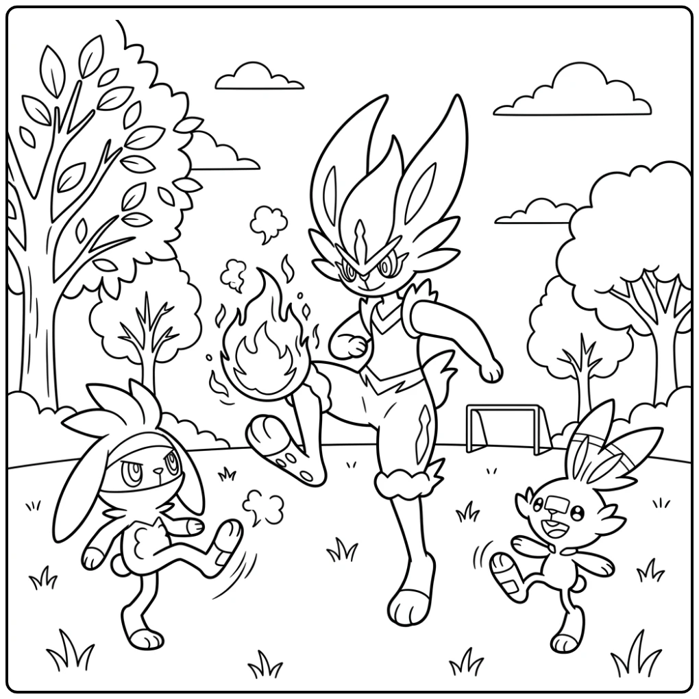 Dynamic Pokemon Cinderace Training Soccer Ball with Friends coloring page