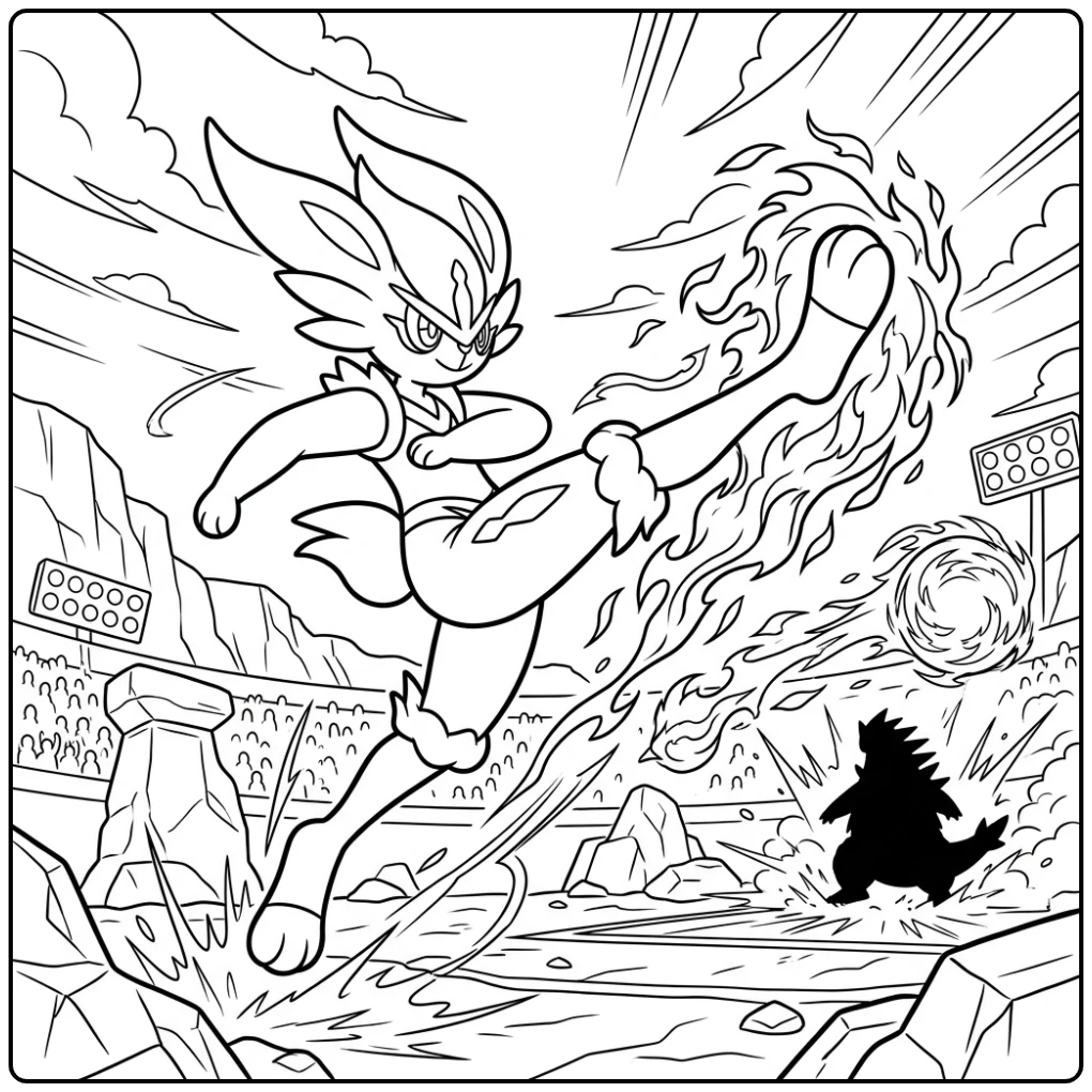 Dynamic Pokemon Cinderace Flaming Kick coloring page