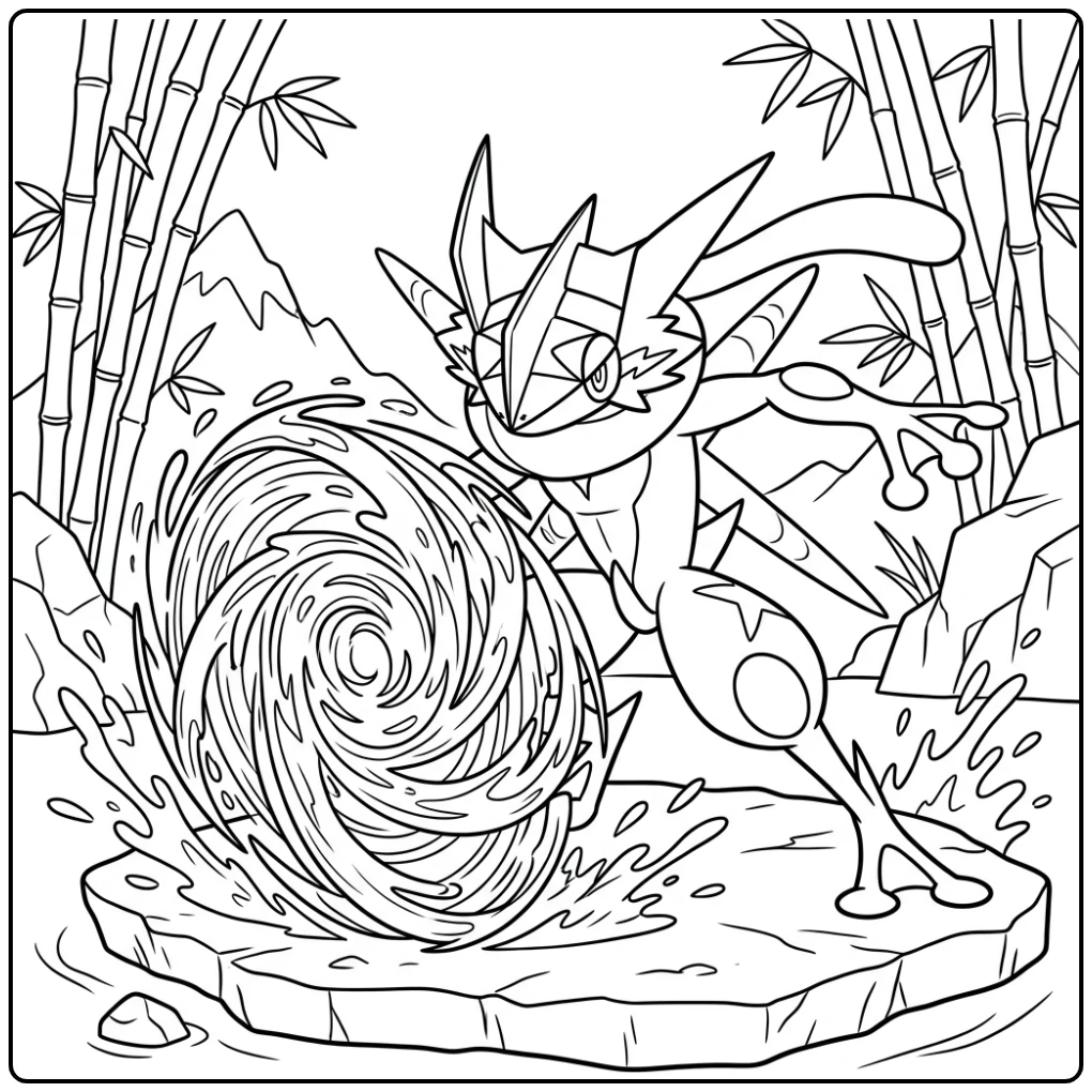 Dynamic Pokemon Mega Greninja Attack in Ninja Style coloring page