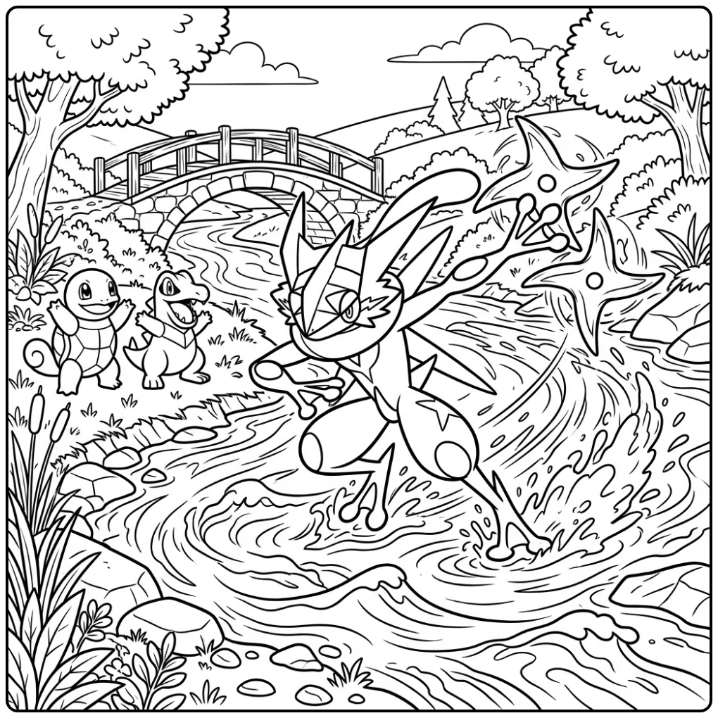 Dynamic Pokemon Mega Greninja with Water Shurikens Action coloring page