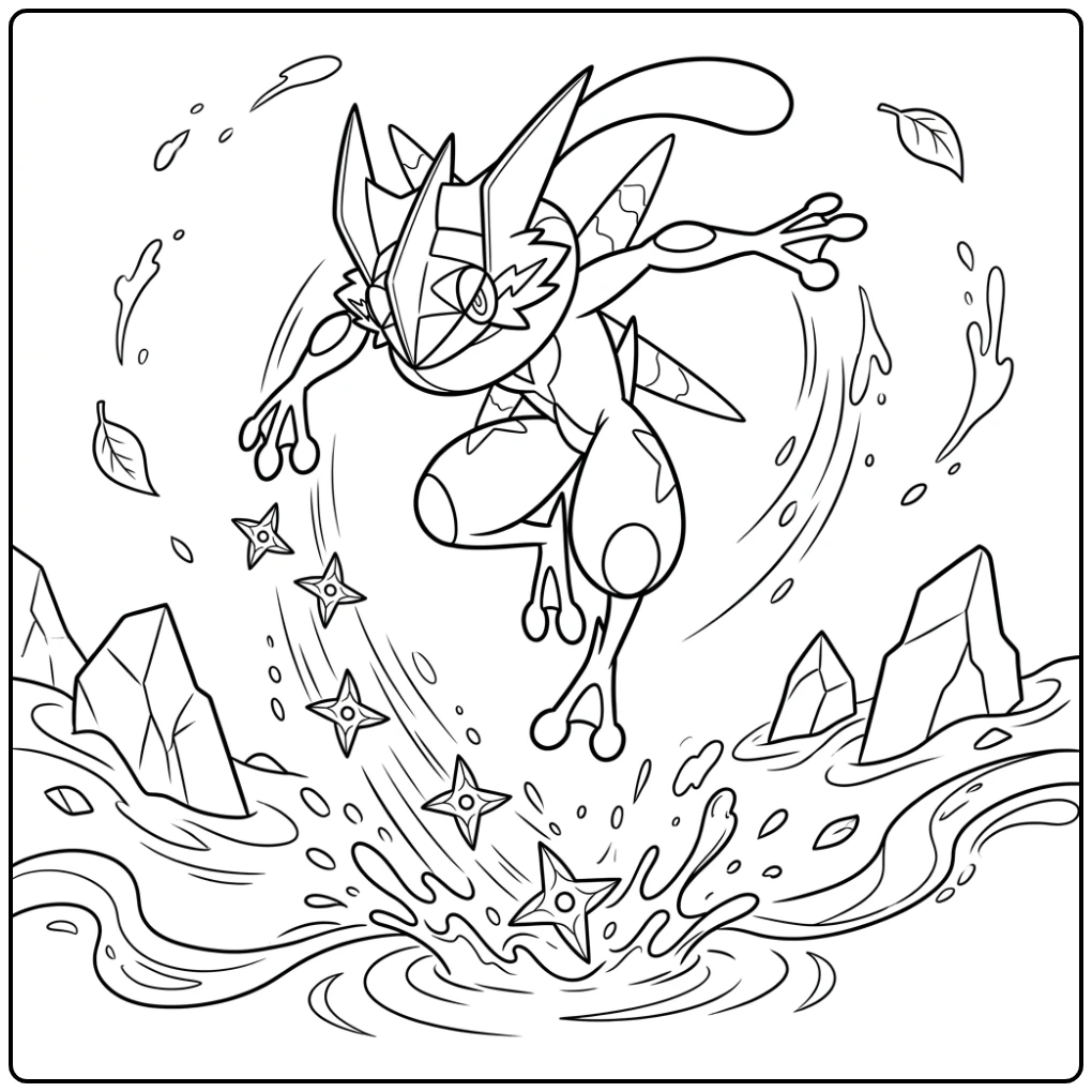 Dynamic Pokemon Mega Greninja Jumping Ninja Attack coloring page