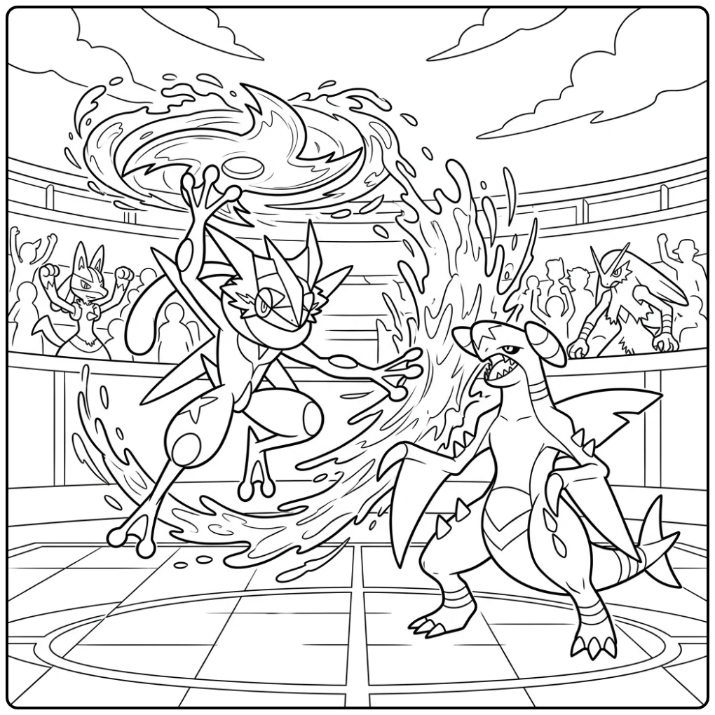 Dynamic Pokemon Mega Greninja Vs Garchomp Battle coloring page
