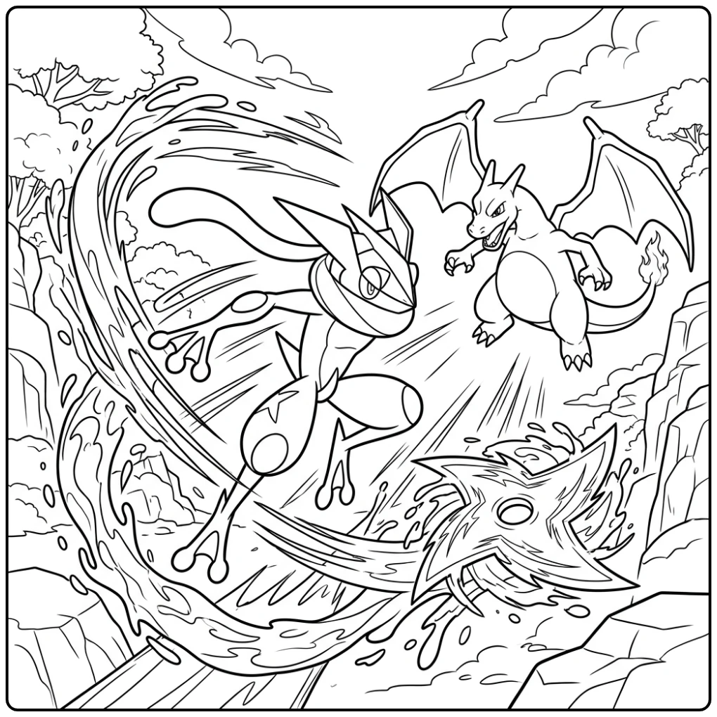 Dynamic Pokemon Detailed with Greninja and Charizard coloring page