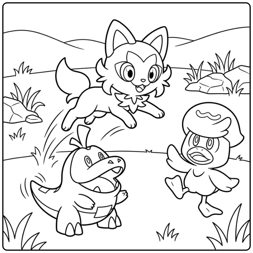Dynamic Pokemon Sprigatito Training with Friends coloring page
