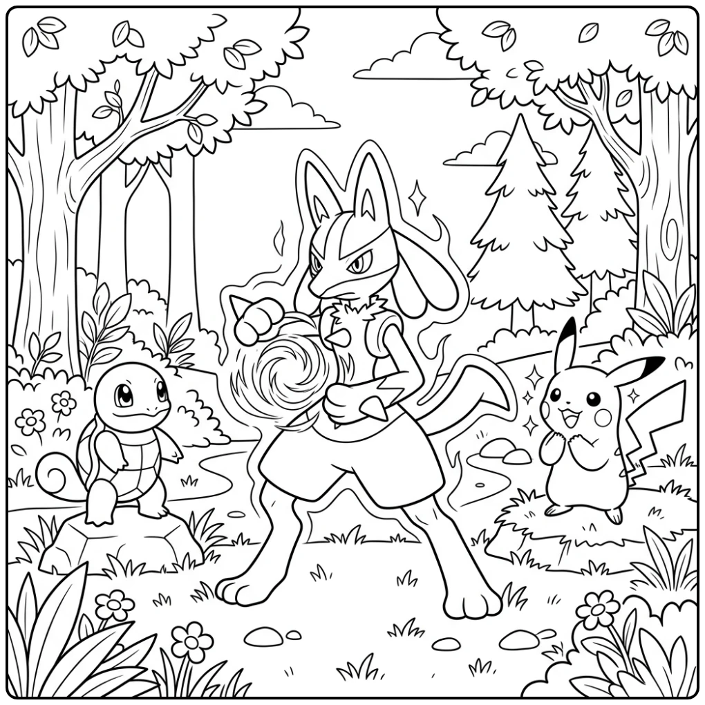 Dynamic Lucario Aura Practice in the Forest coloring page