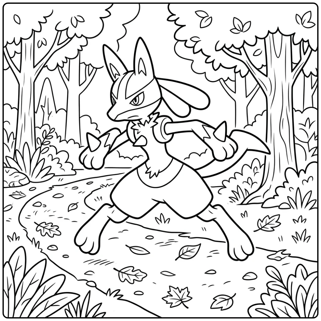 Dynamic Lucario Running Through the Forest coloring page