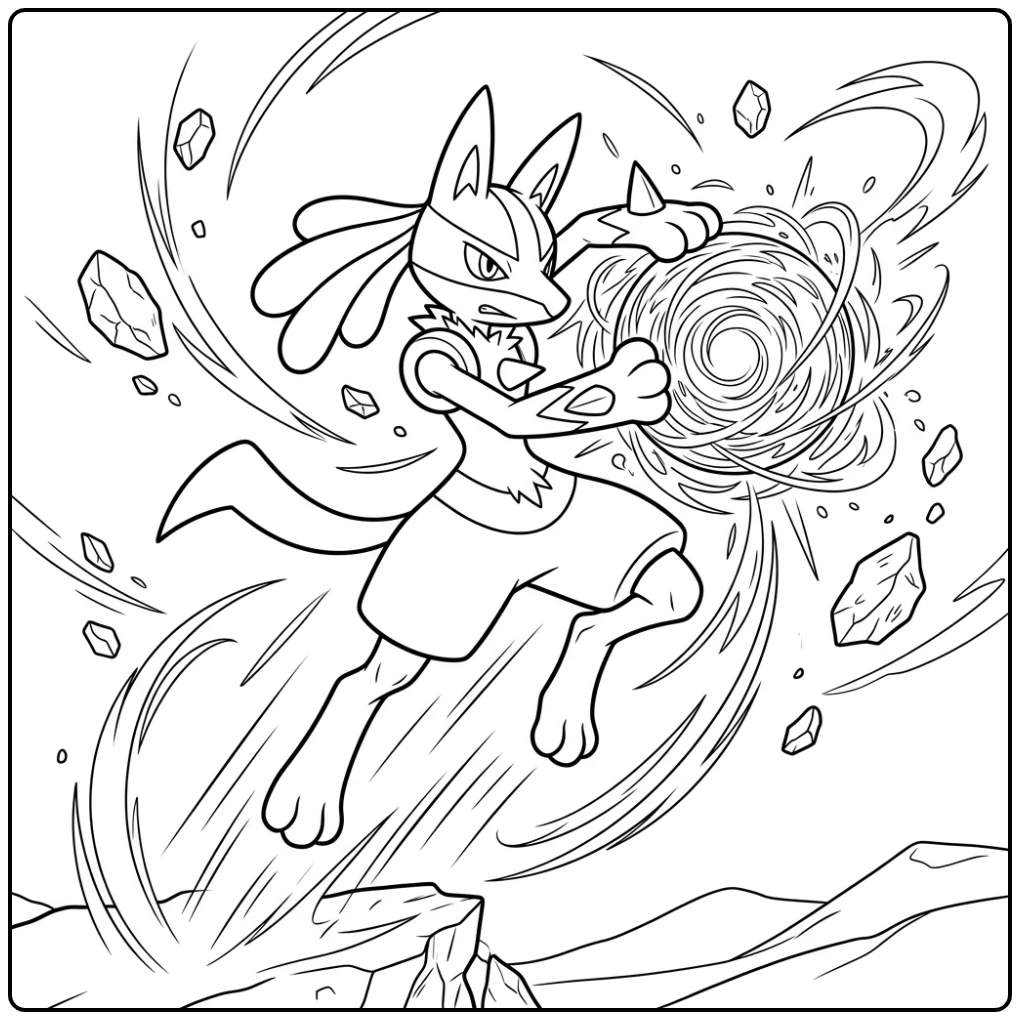 Dynamic Lucario's Aura Attack in the Sky coloring page