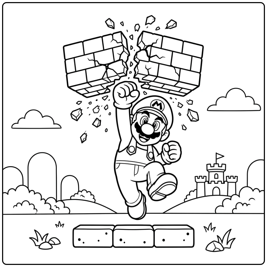 Dynamic Mario Breaking a Block from Below coloring page