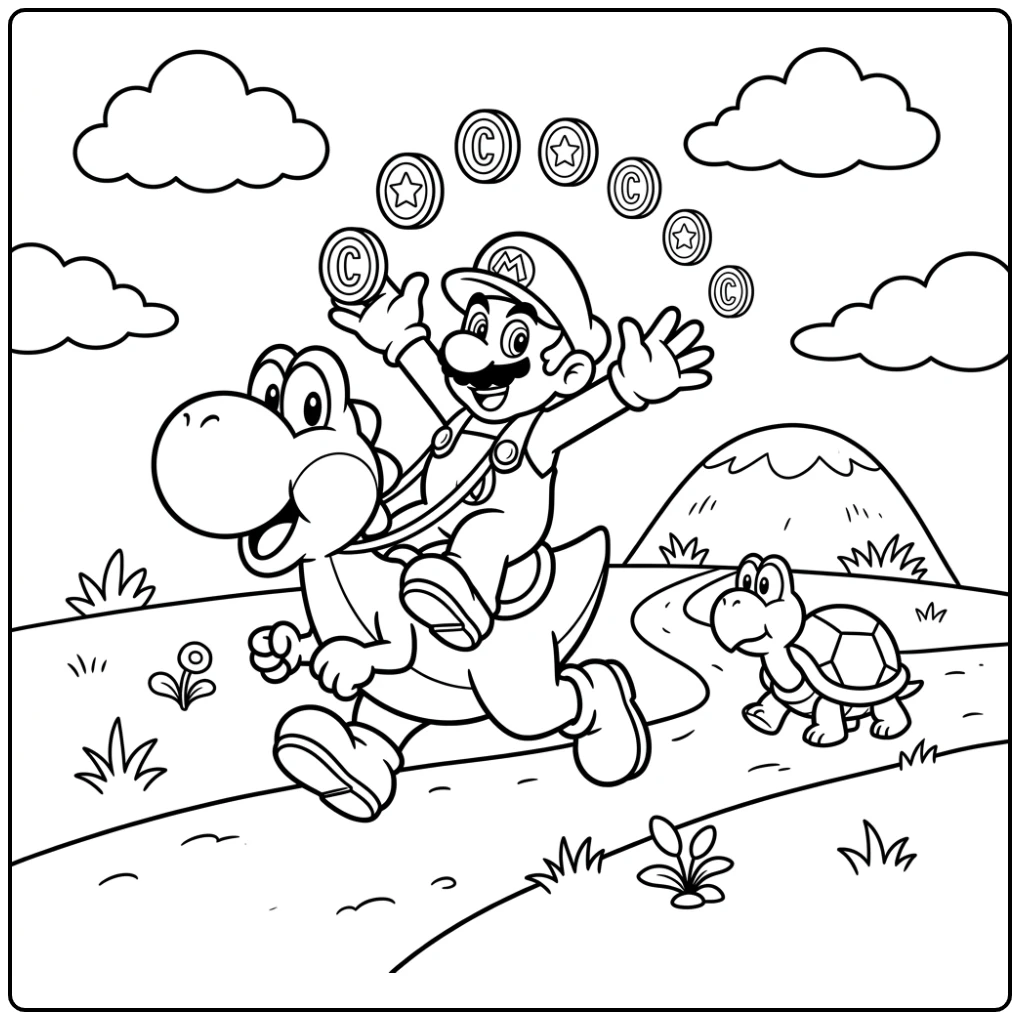 Dynamic Mario on Yoshi and Coins coloring page