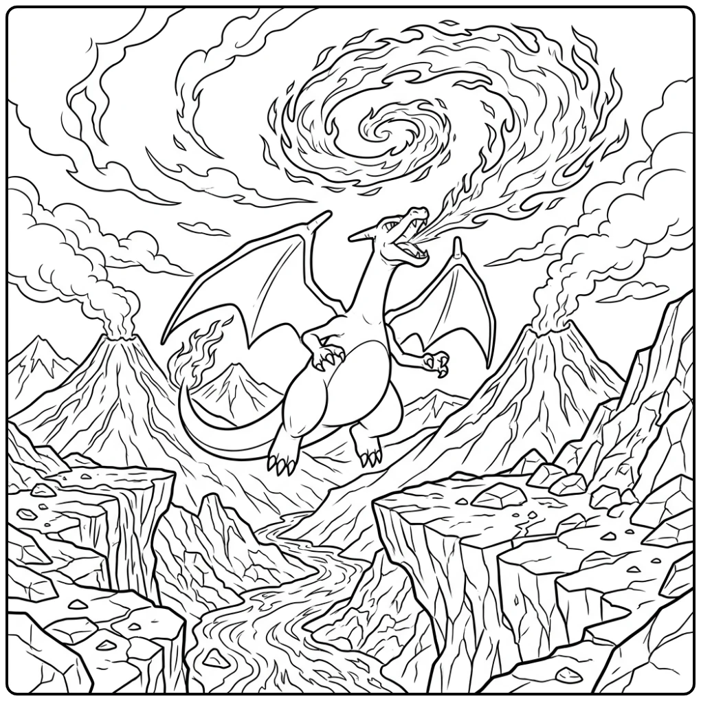 Dynamic Pokemon Detailed Charizard Above Volcano coloring page