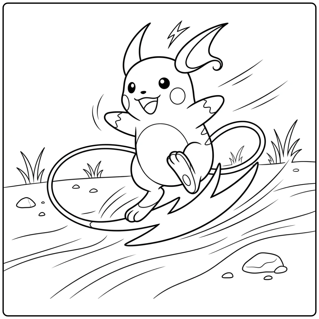 Dynamic Raichu Sliding Cheerful on His Tail coloring page