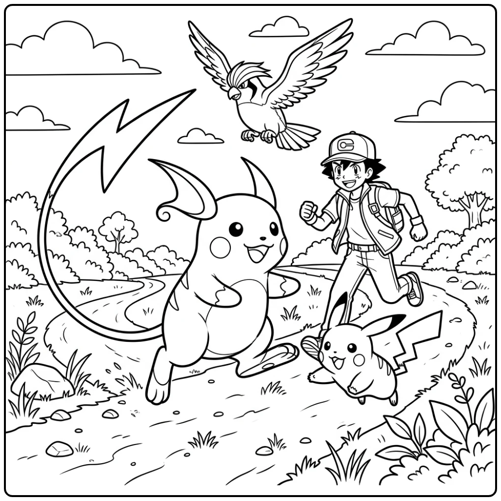 Dynamic Raichu Running with Ash coloring page