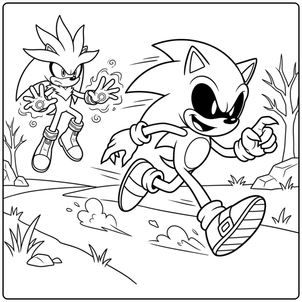 Dynamic Sonic.EXE Running Silver Stopping Him coloring page