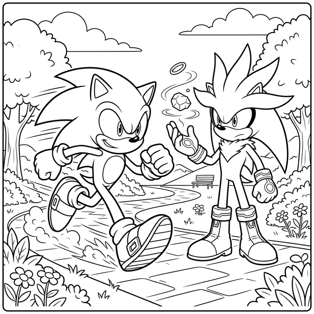 Dynamic Sonic and Silver in Action coloring page